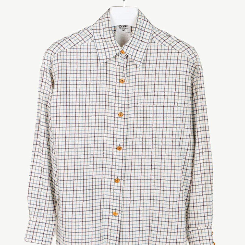 Chanel Boutique Vintage White Plaid Buttoned Flannel